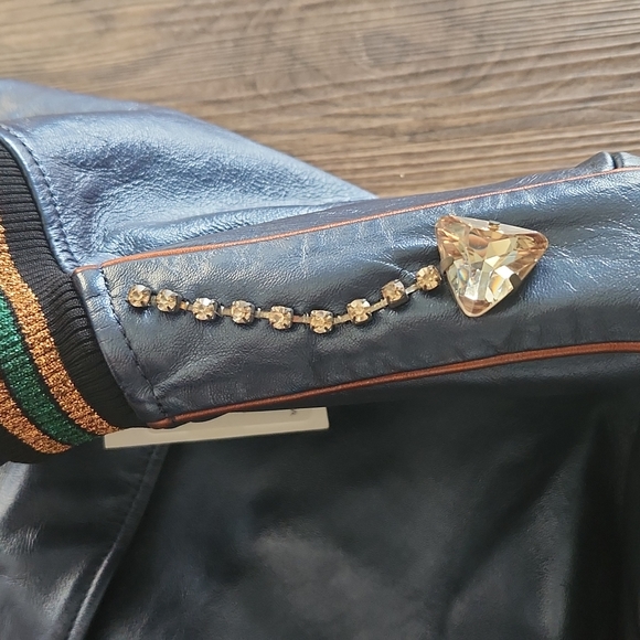 NWT Coach Shrunken Leather Varsity Jacket In Metallic Cadet Blue - Picture 10 of 17